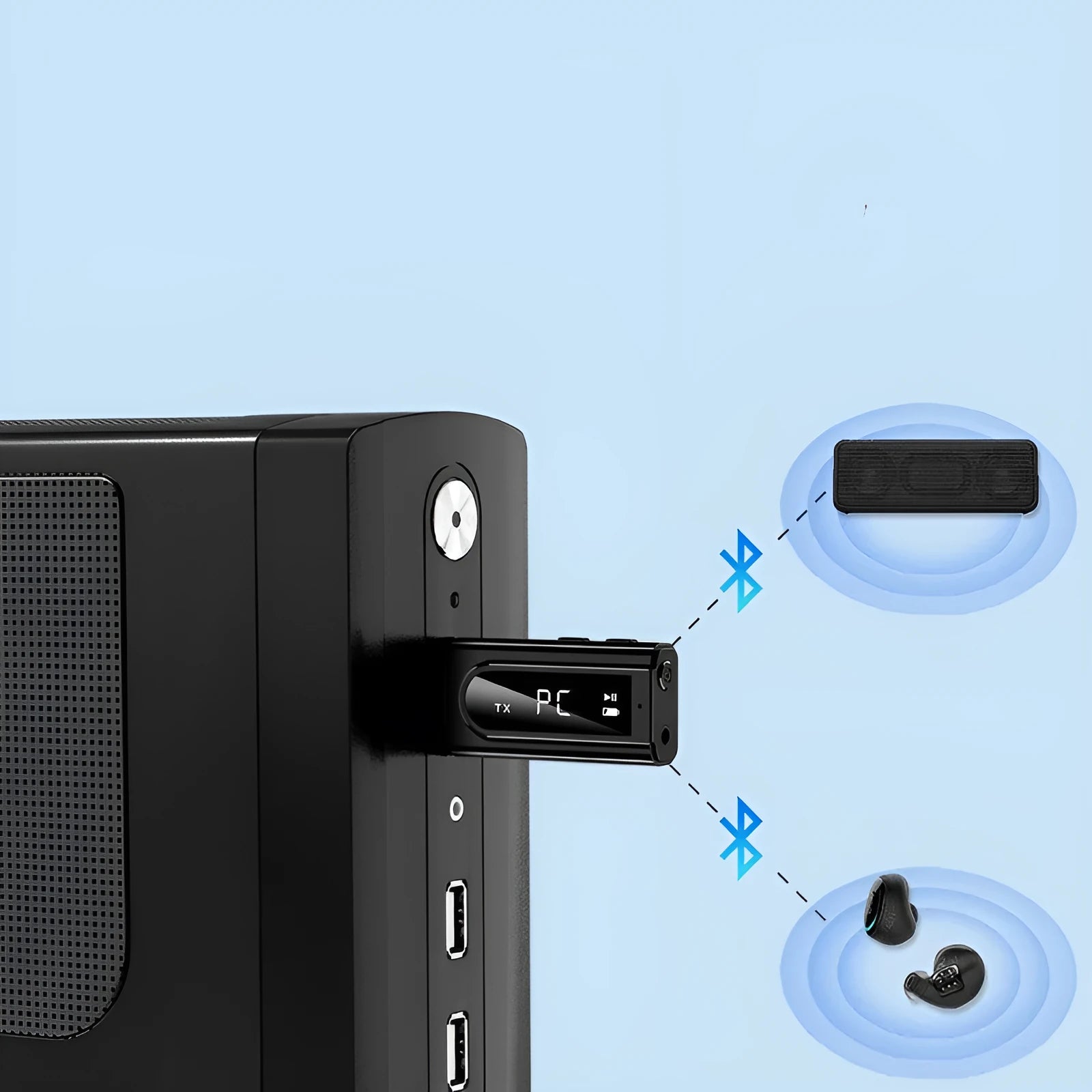 Black USB car FM Bluetooth receiver for wireless music streaming via AUX or USB.