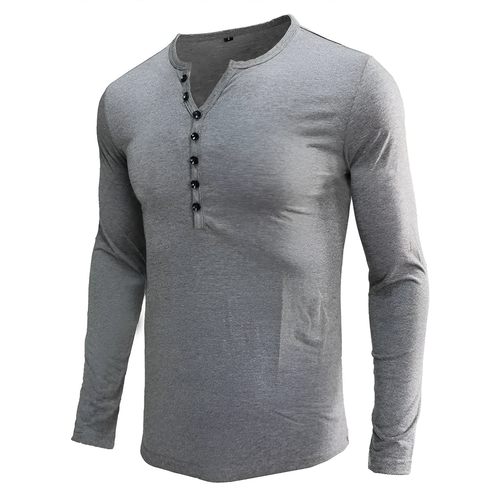 Men's solid blue long sleeved cotton blend t-shirt with a Henry neck, laid flat.