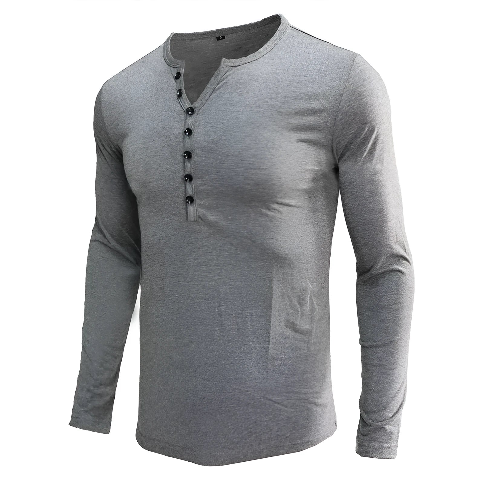 Men's solid blue long sleeved cotton blend t-shirt with a Henry neck, laid flat.