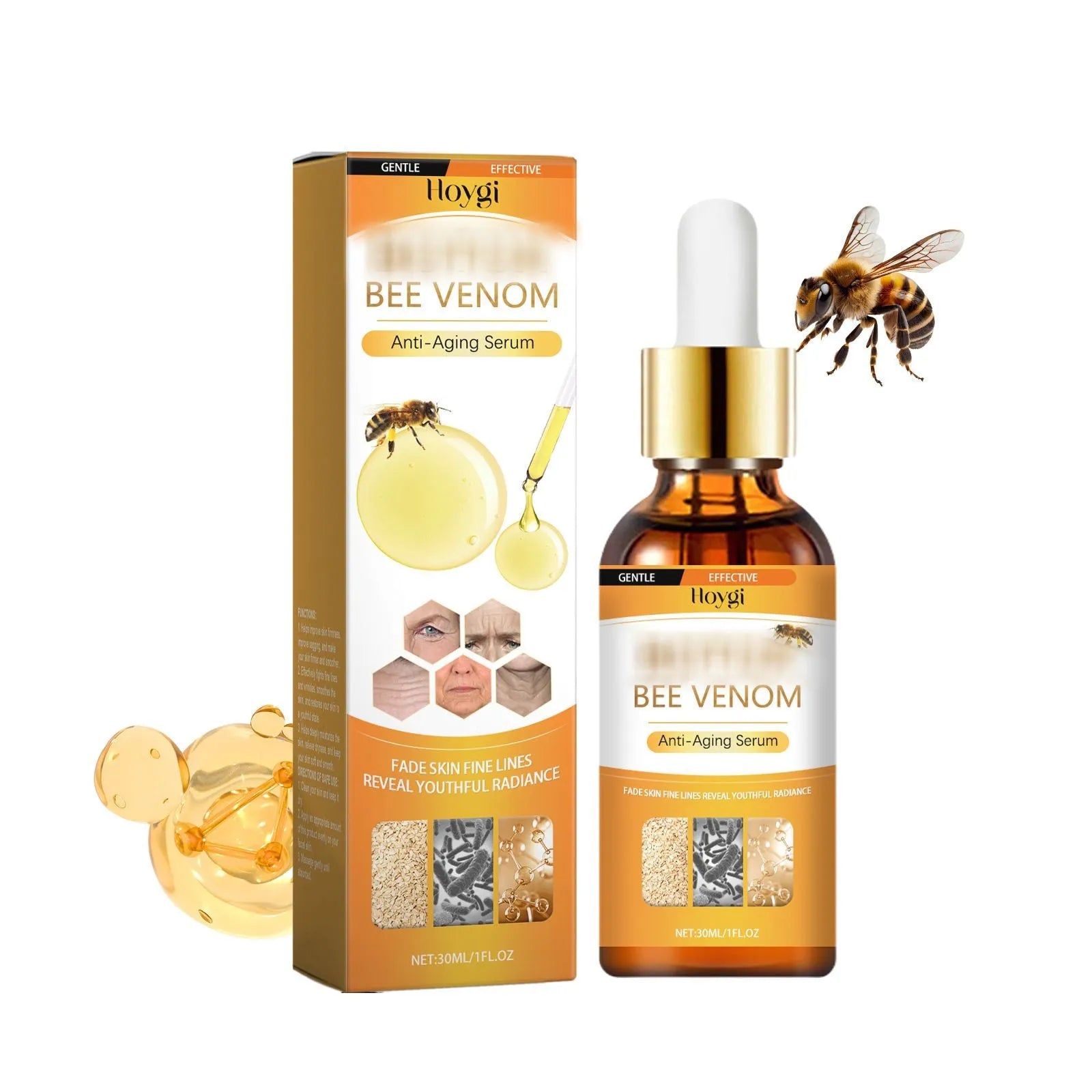 30ml bottle of clear anti-aging liquid serum with hyaluronic acid and bee venom