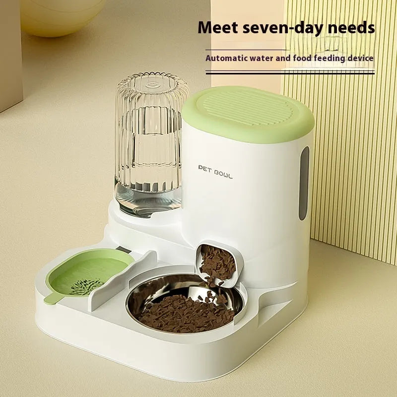 Automatic cat feeding and drinking fountain with stainless steel bowls in compact 27cm design