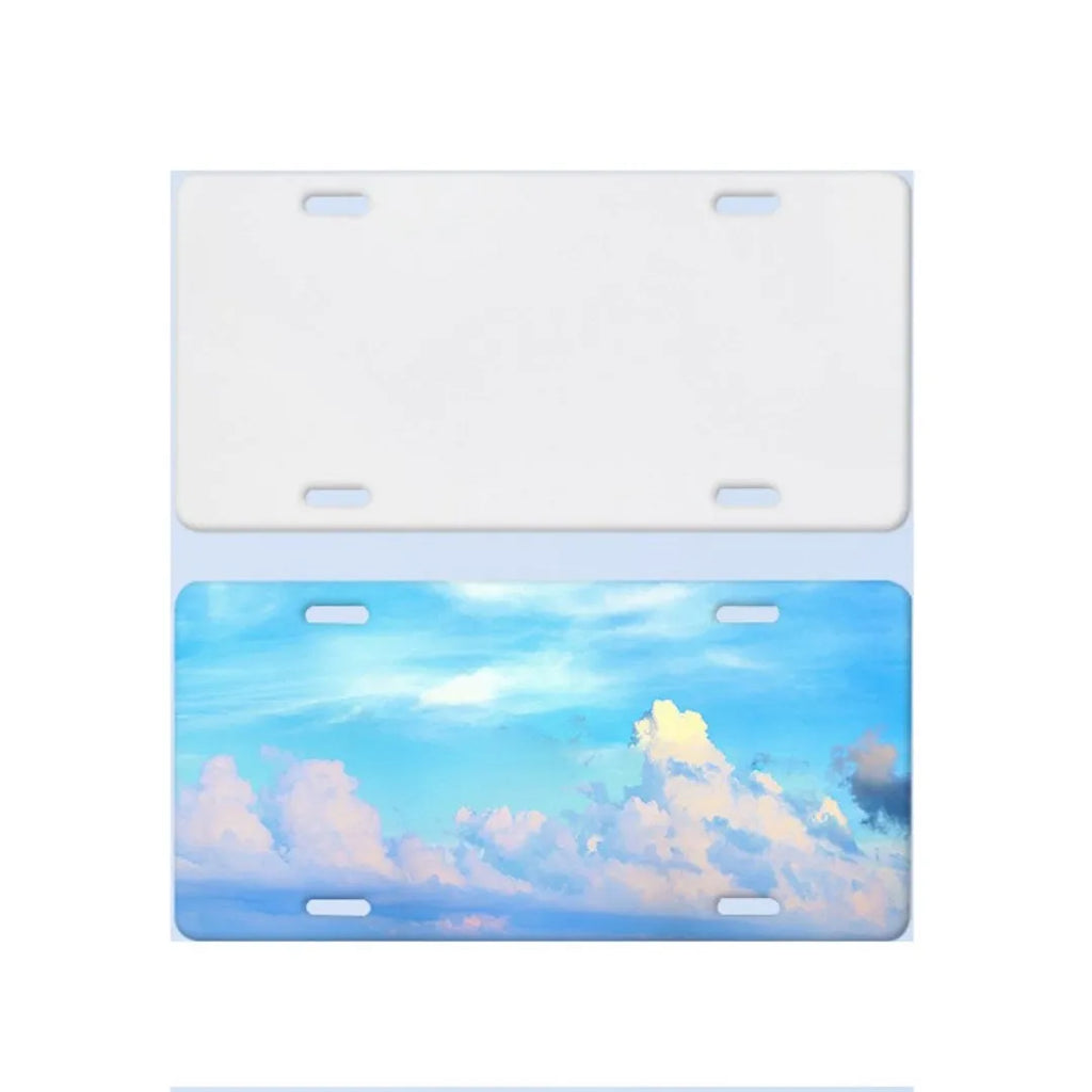 A white rectangular aluminium sheet blank for making a car licence plate, showing size and thickness options.