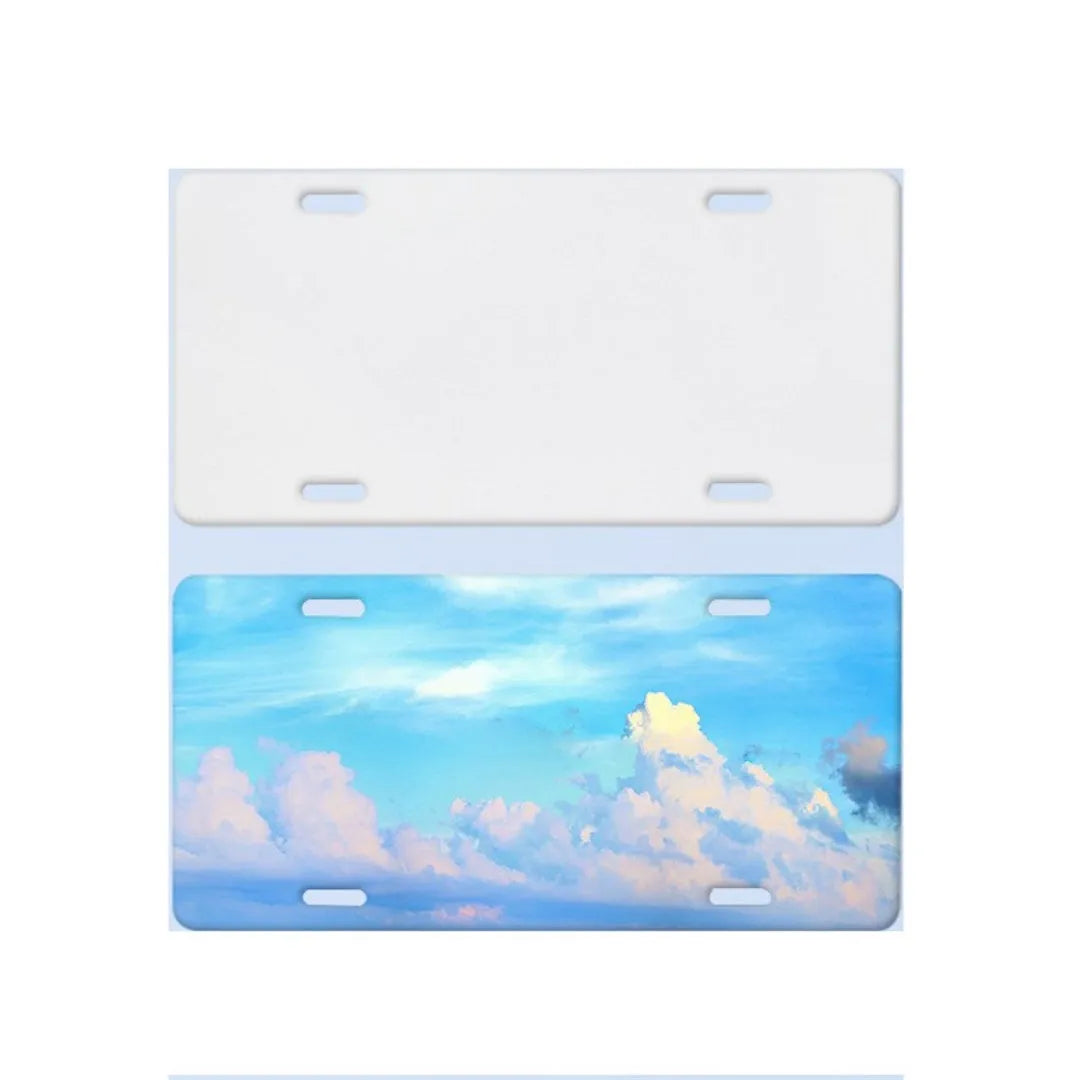 A white rectangular aluminium sheet blank for making a car licence plate, showing size and thickness options.