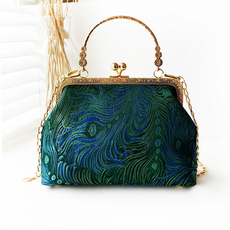 Chinese embroidery cheongsam handbag in polyester with shell shape and internal zipper compartment