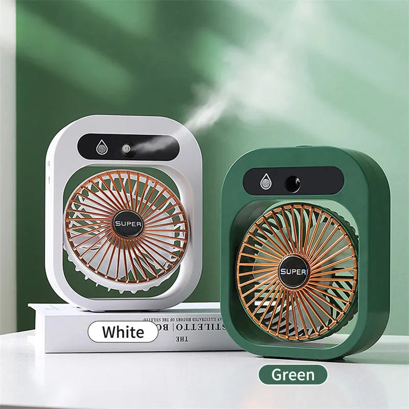Green USB rechargeable misting fan with 3 speed settings and adjustable head on a desk