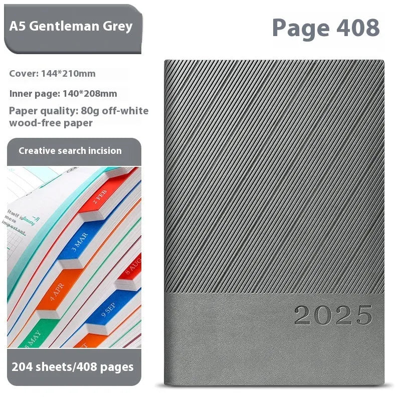 A4 striped PU leather business notepad open on a desk showing 80g paper, available in eight colours.