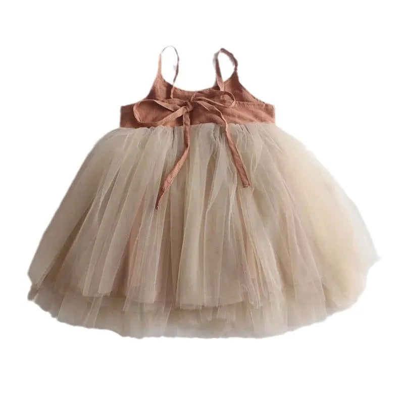 Children's lace-up princess dress in solid colour with organza fabric and cotton lining