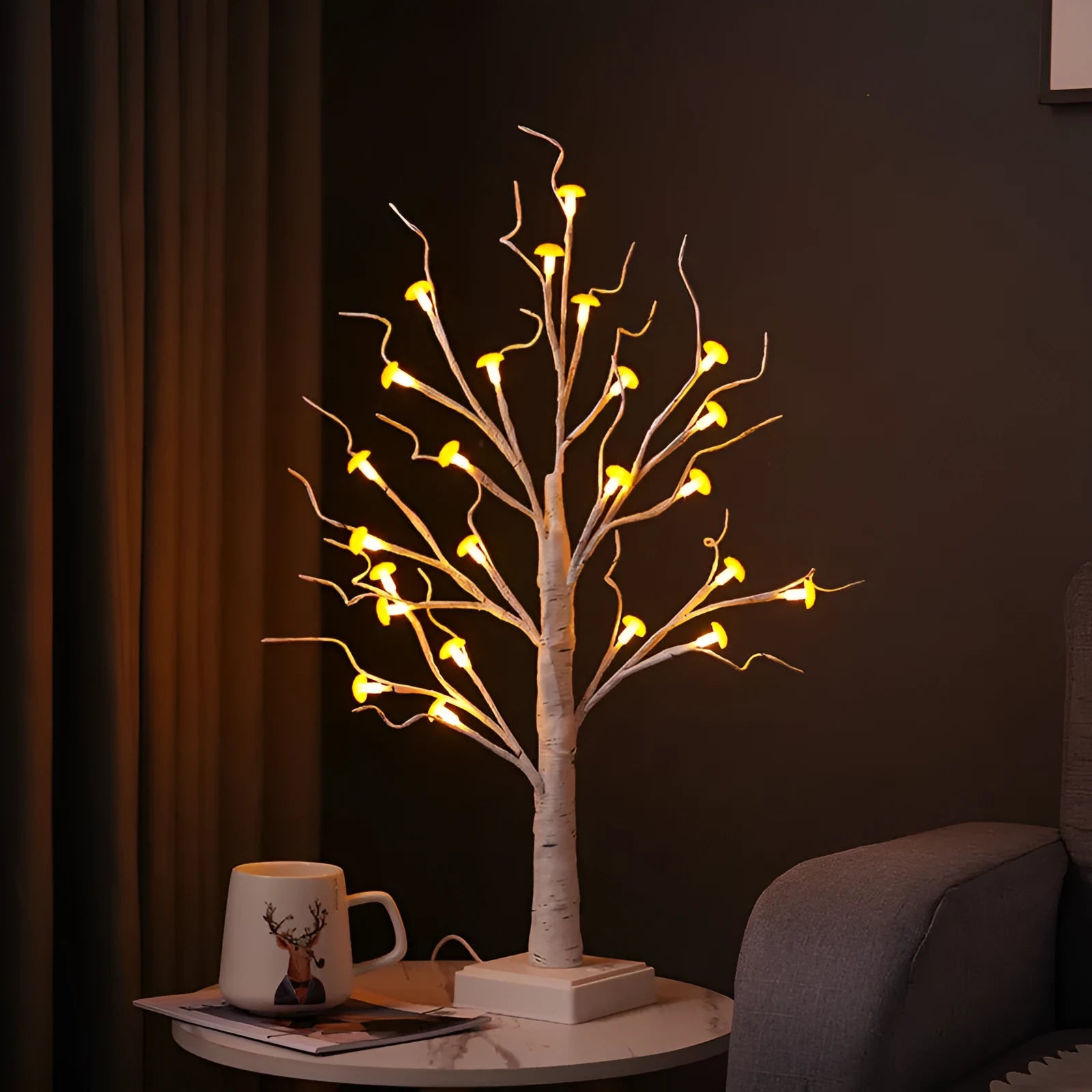 60cm tall mushroom tree lamp with birch design and 24 detachable flowers, warm LED lighting