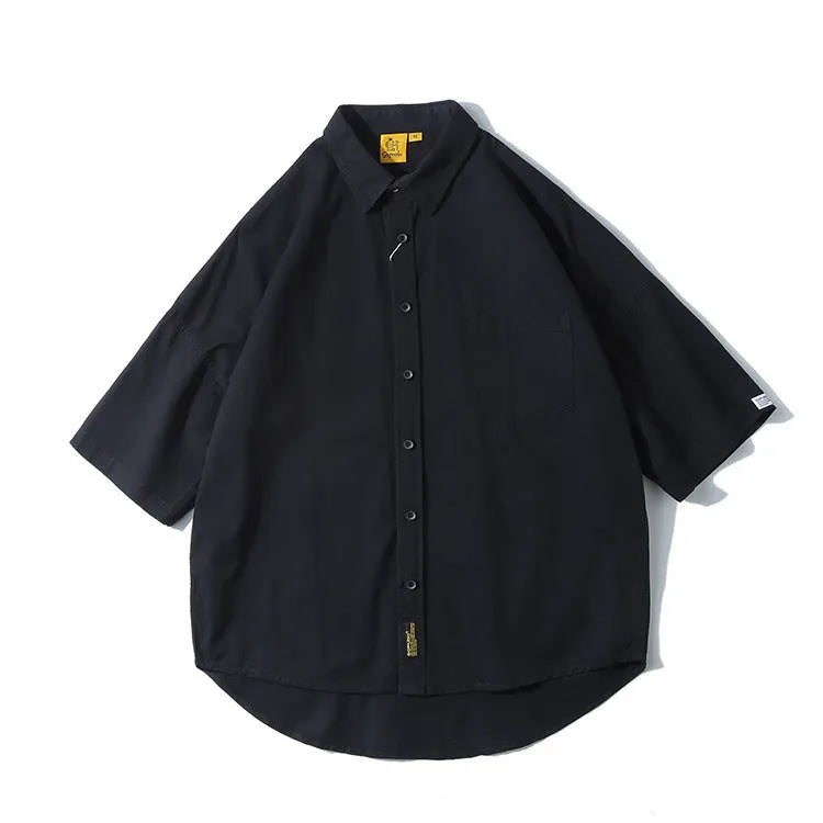 Japanese-style men's cotton cardigan shirt in loose fit with short sleeve option