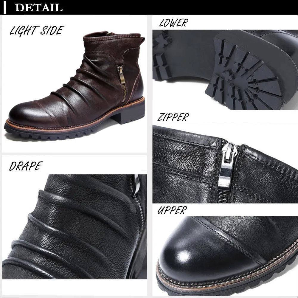Men's black embossed PU cowboy boots with a side zipper and a mid-height horseshoe heel.