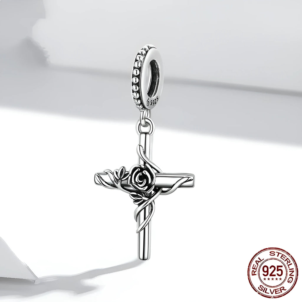 925 silver rose cross pendant on white background showing vintage faith design with 2.7cm height and 1.3cm width