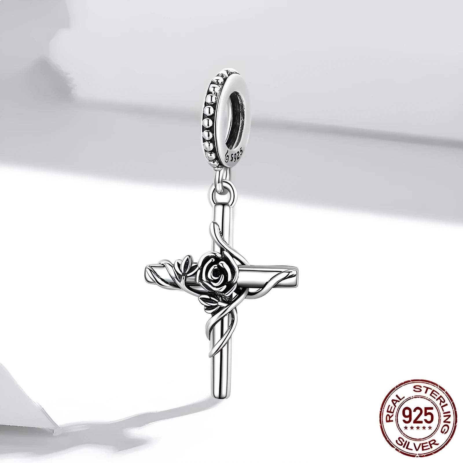 925 silver rose cross pendant on white background showing vintage faith design with 2.7cm height and 1.3cm width