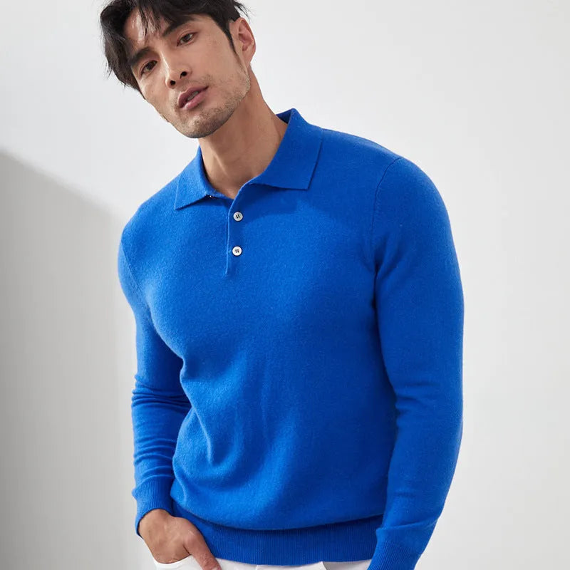 Men's cashmere polo collar pullover sweater in loose fit, shown in sapphire blue colour