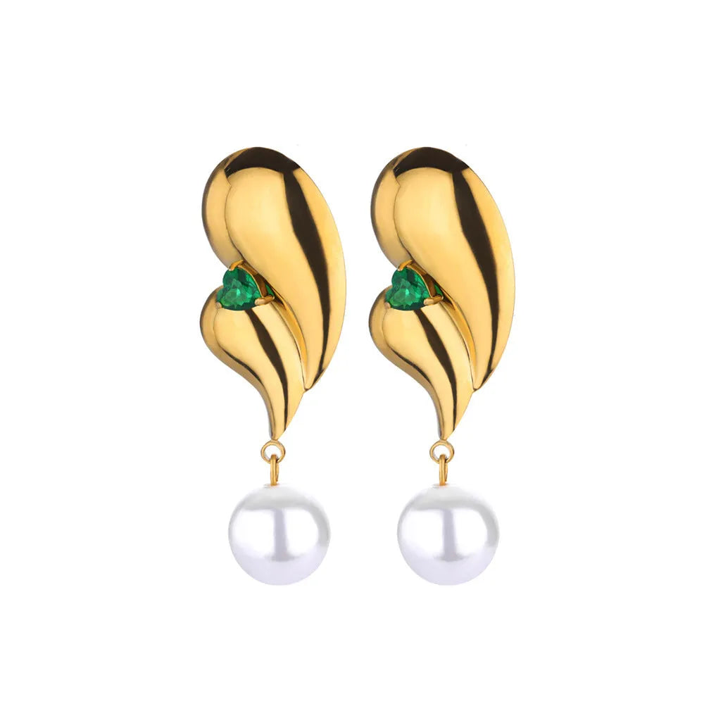 Pair of stainless steel stud earrings with green zircon and pearl geometric design