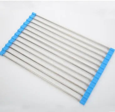 Stainless steel folding kitchen sink drain rack shown in a choice of colours