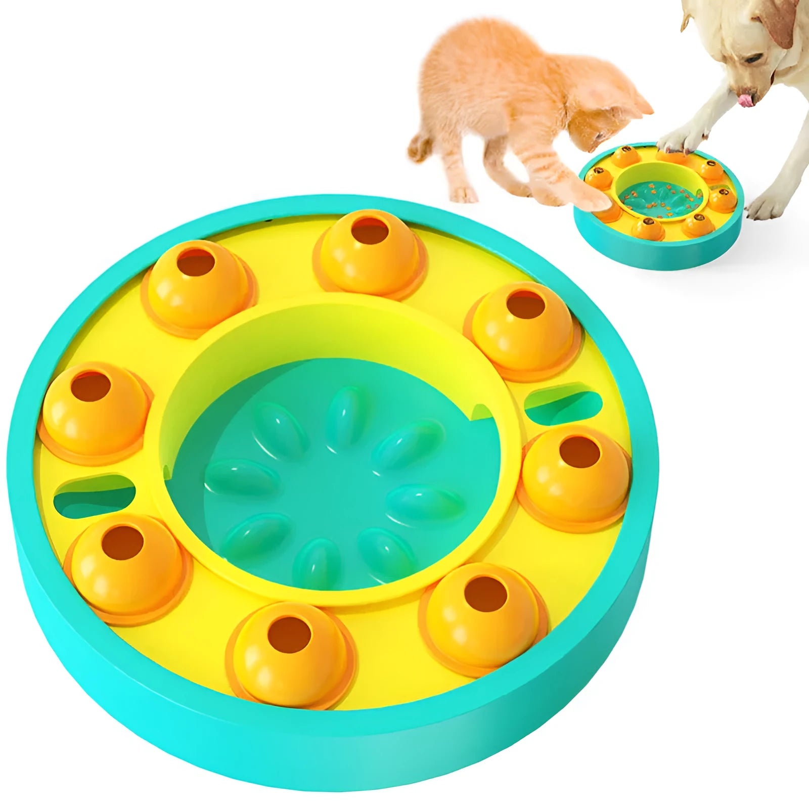 Square blue interactive dog puzzle bowl with a central feeding column and a turntable lid on a wooden floor.