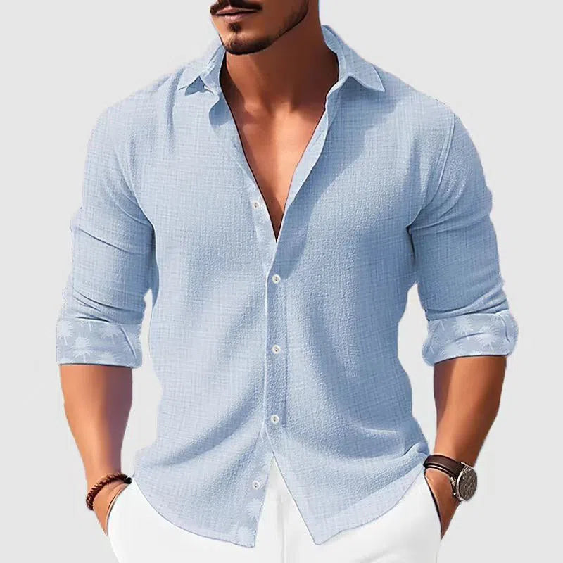 Printed men's long sleeve shirt with flower pattern in loose cardigan style, available in multiple colours