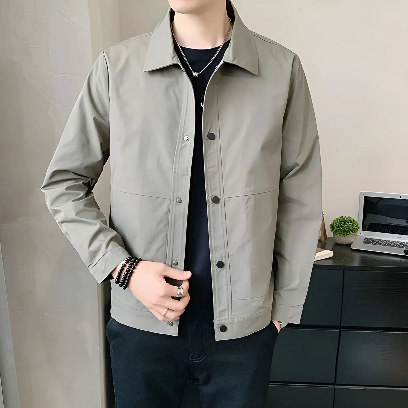 Korean style men's thin single-layer jacket in polyester, shown in light grey colour with long sleeves.