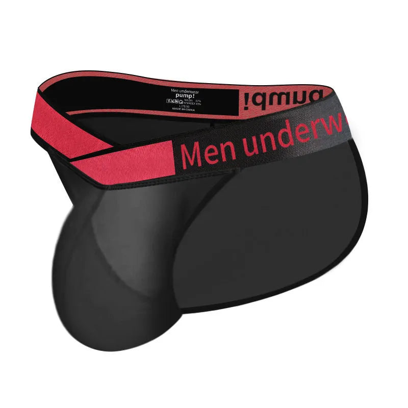 Men's transparent ice silk breathable underwear in black, red, or white with large V gradient high fork design