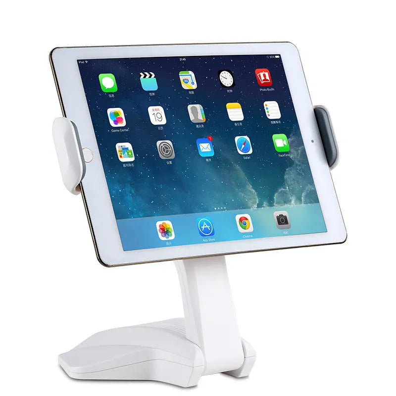 White adjustable tablet stand holding a tablet at 250mm height with clip stretching mechanism