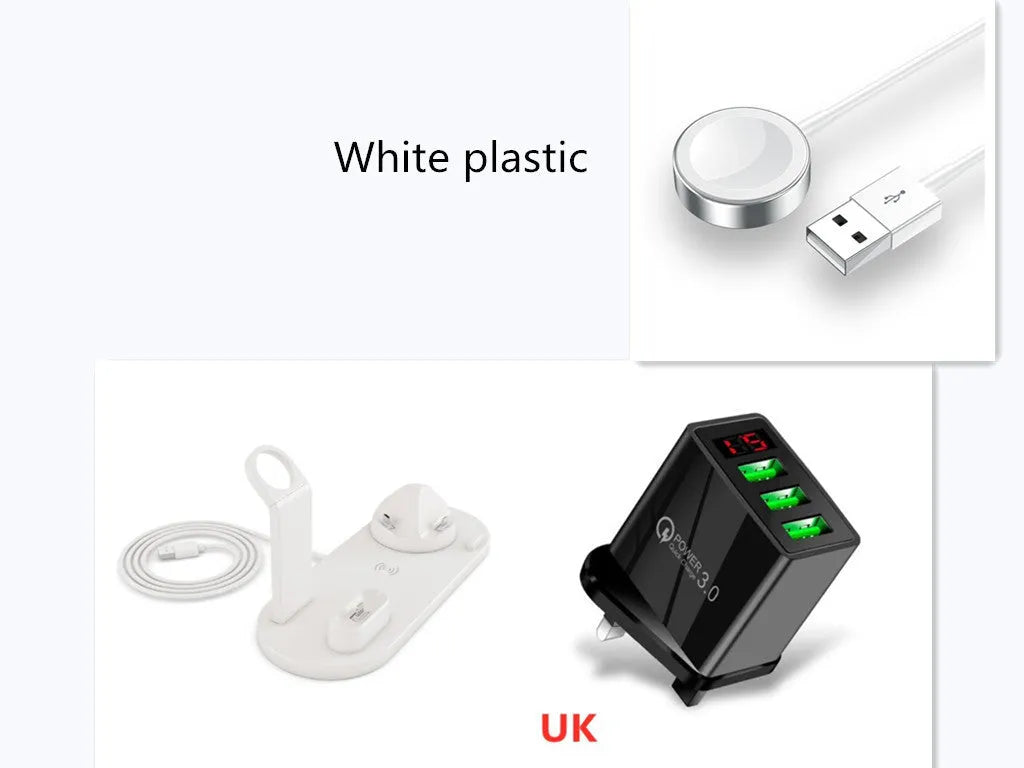 4 in 1 wireless charger stand for iPhone Samsung iWatch AirPods in black silicone material with 360 degree rotating dock