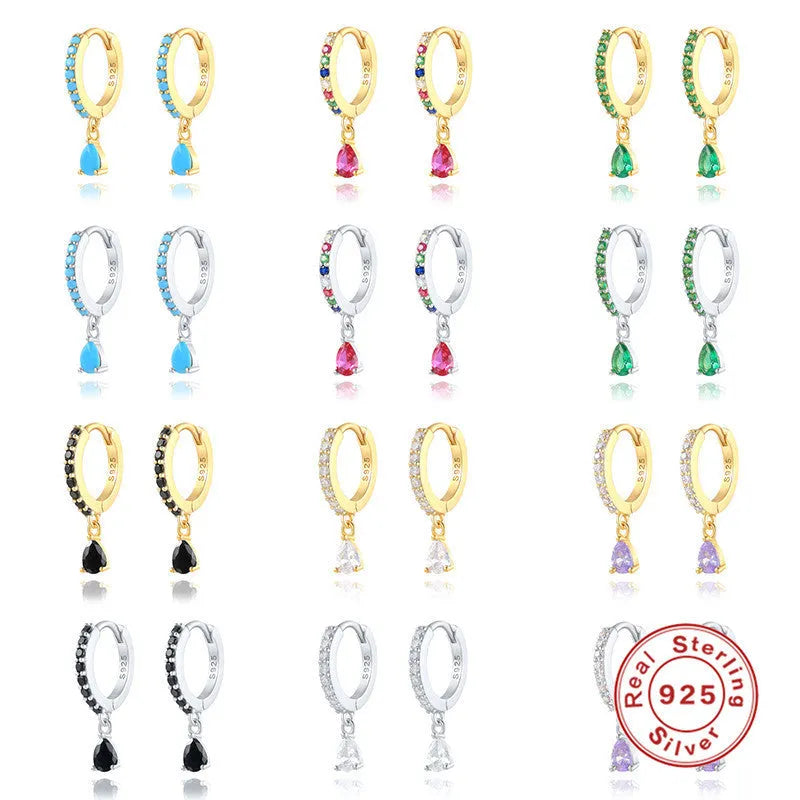 S925 sterling silver geometric water drop earrings with electroplated finish and stone accents
