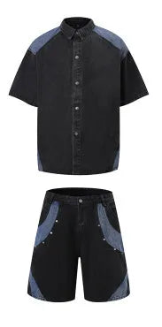 Retro washed denim suit set with short-sleeved shirt and matching trousers in black colour