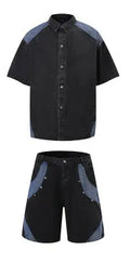 Retro washed denim suit set with short-sleeved shirt and matching trousers in black colour