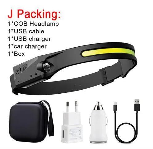 Black silicone USB rechargeable LED headlamp with side wave sensor, showing wide beam and long-range lighting.