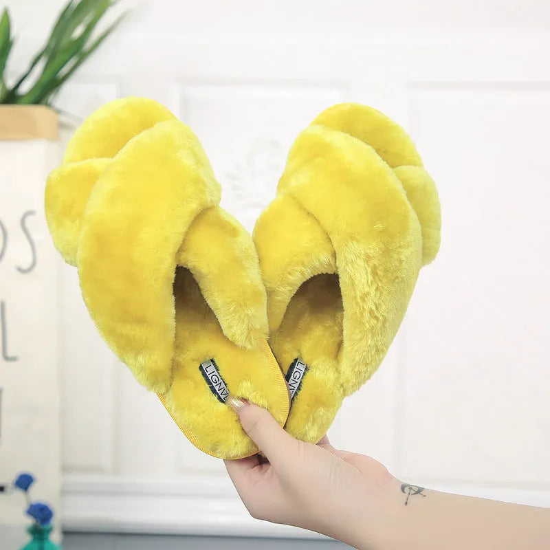 Women's cross open-toe fur slippers with patterned non-slip soles in multiple colour options