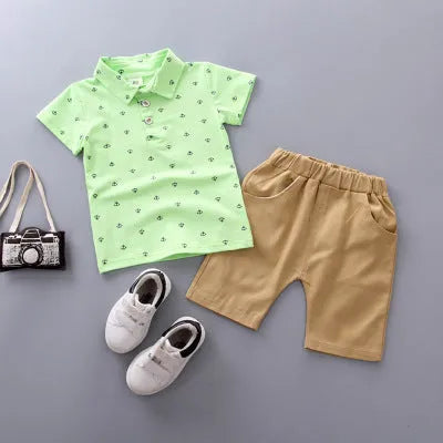 Children's blue cotton pullover pants suit with short sleeves for infant or toddler