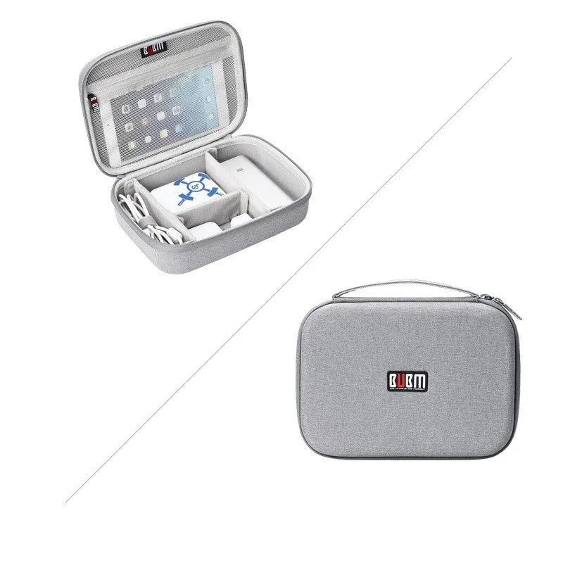 Simple modern EVA digital storage organiser bag for headphones and cables, shown in black or grey.