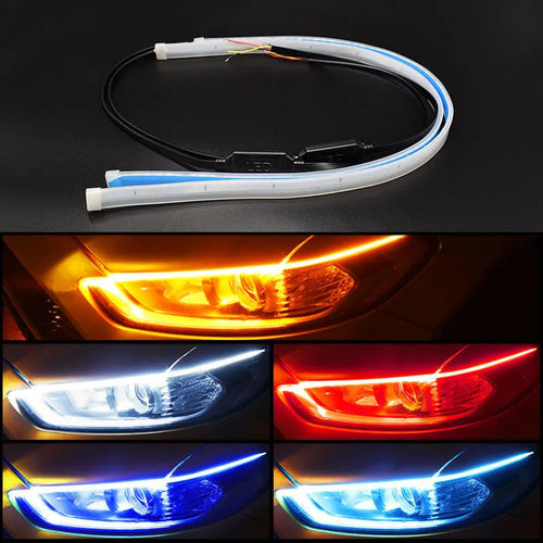 Flexible silicone car LED strip for daytime running lights and animated turn signals on a vehicle headlight.