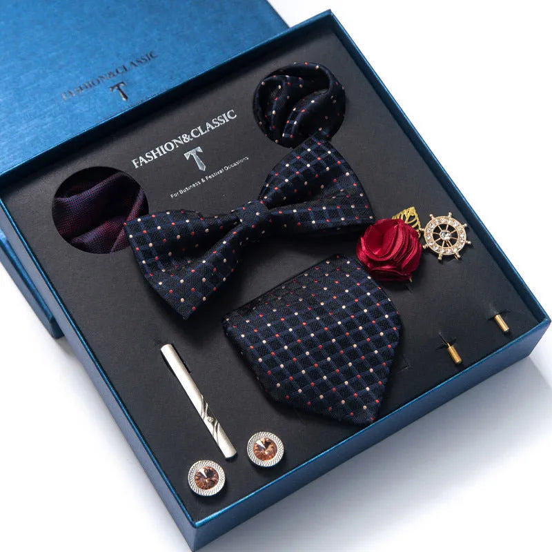 Men's 8-piece rayon jacquard bow tie set, heart shape arrow style, monochrome pattern, 146cm length