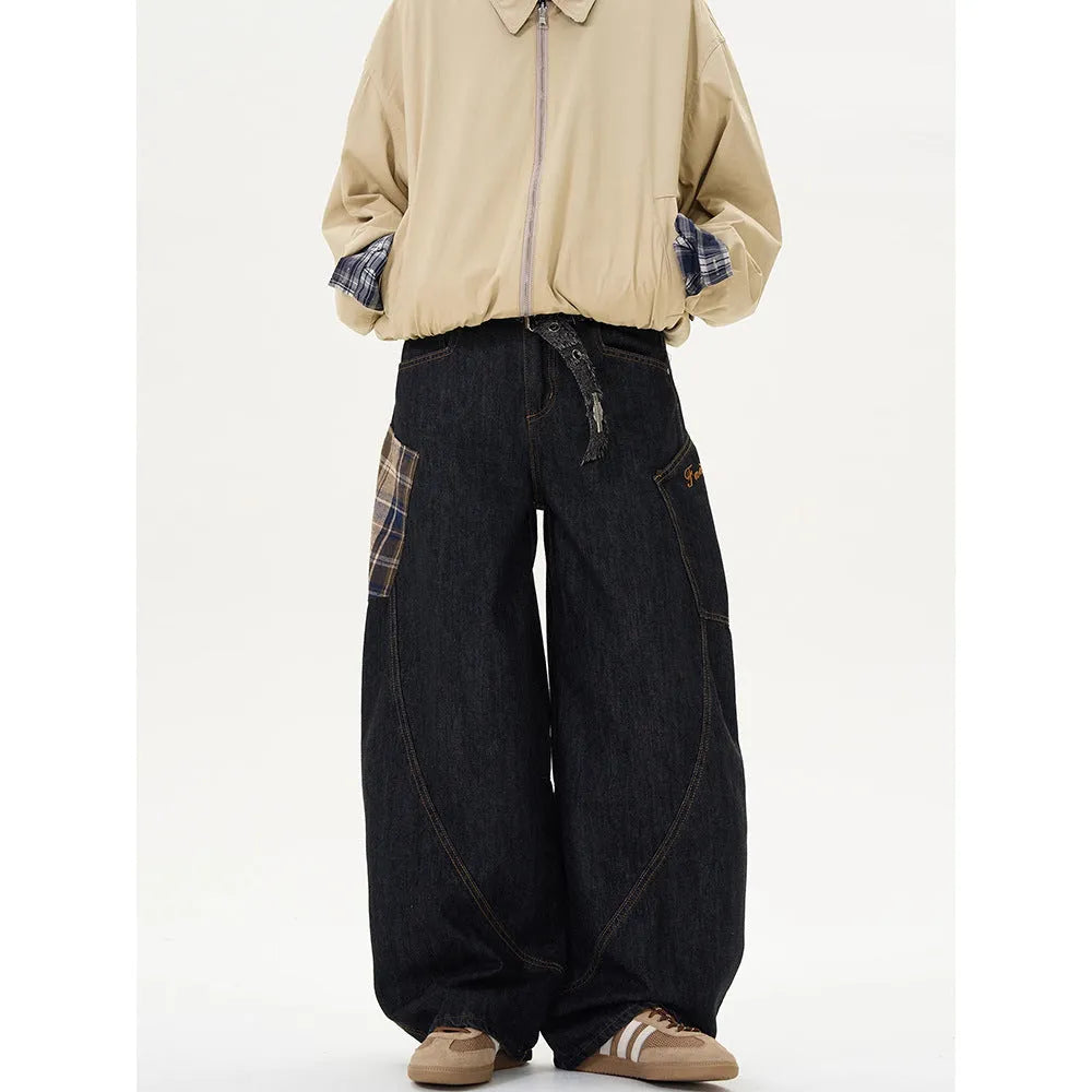 Man wearing loose-fit straight-leg plaid casual trousers in a retro style