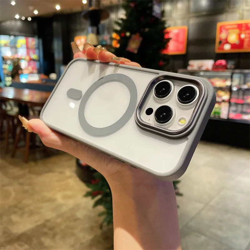 Acrylic magnetic soft edge phone case for Apple iPhone 11-15 series in black, showing camera cutout and soft bumper