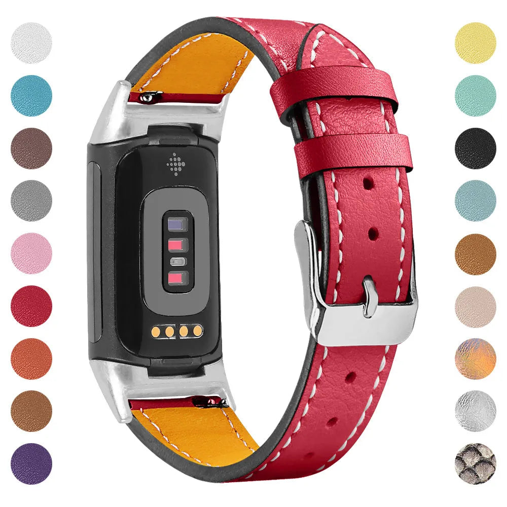 Genuine cowhide leather replacement strap for Fitbit Charge 5 and Charge 6 smartwatches in various colours.