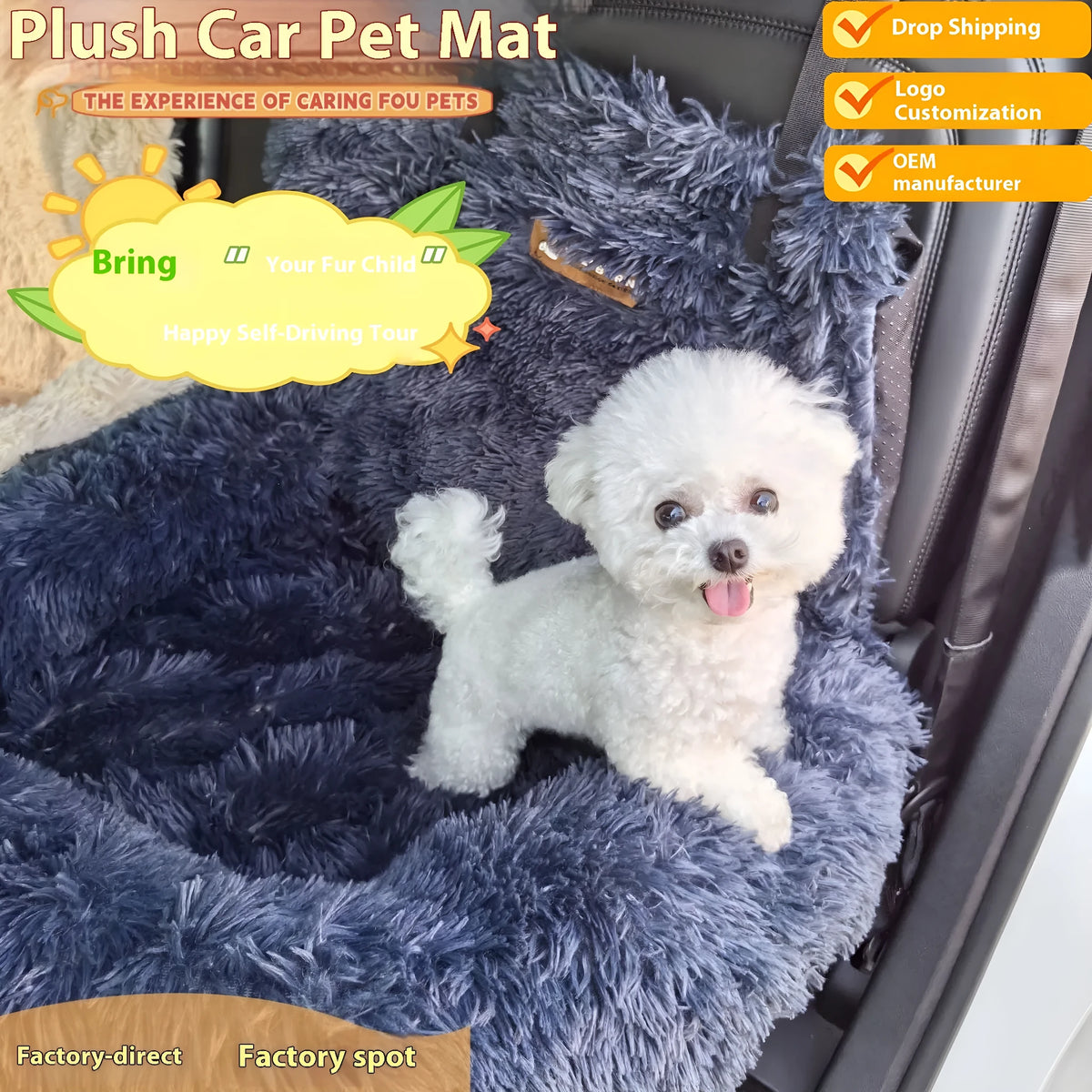 Winter thicken thermal vehicle-mounted pet mat in beige, placed on car seat, size 70x60x50cm