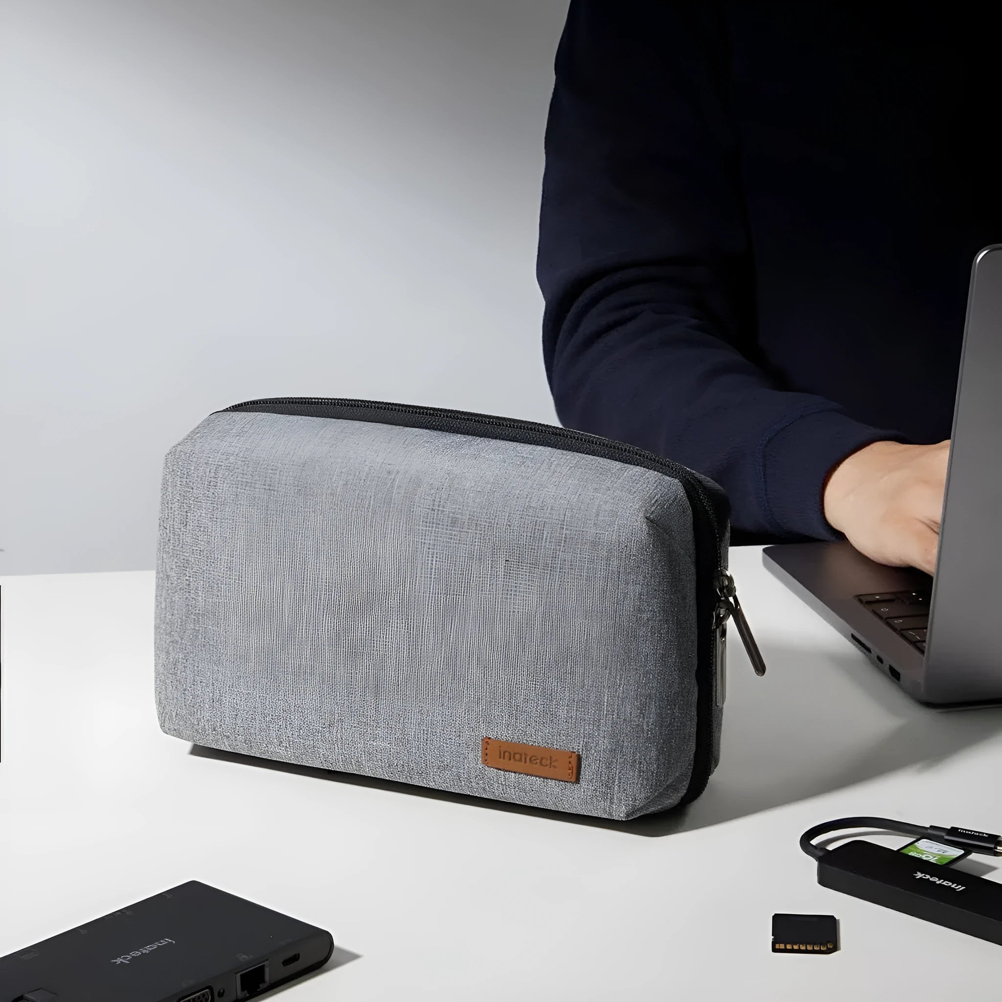 Grey polyester Japanese style cylindrical storage bag for data cables and accessories