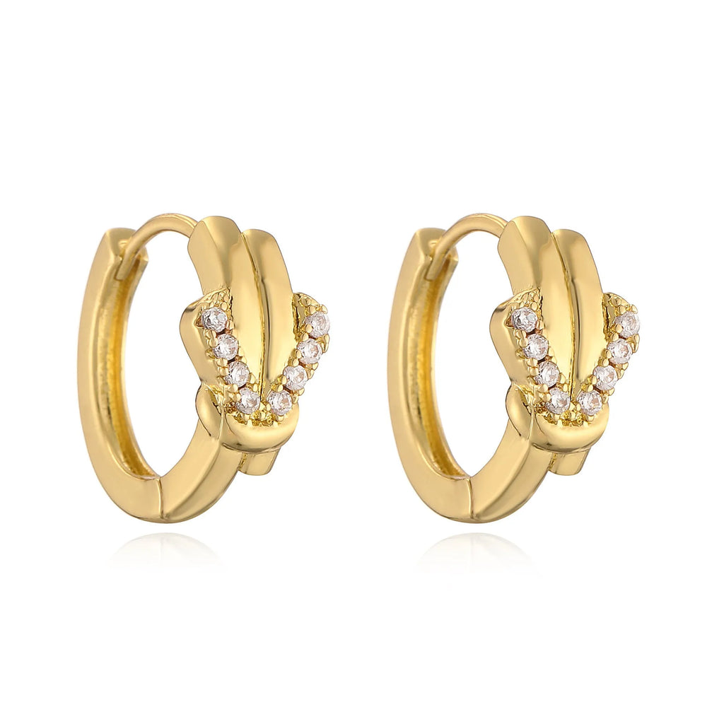 Gold copper vachette clasp earrings for women with geometric inlaid zircon stones and real gold finish