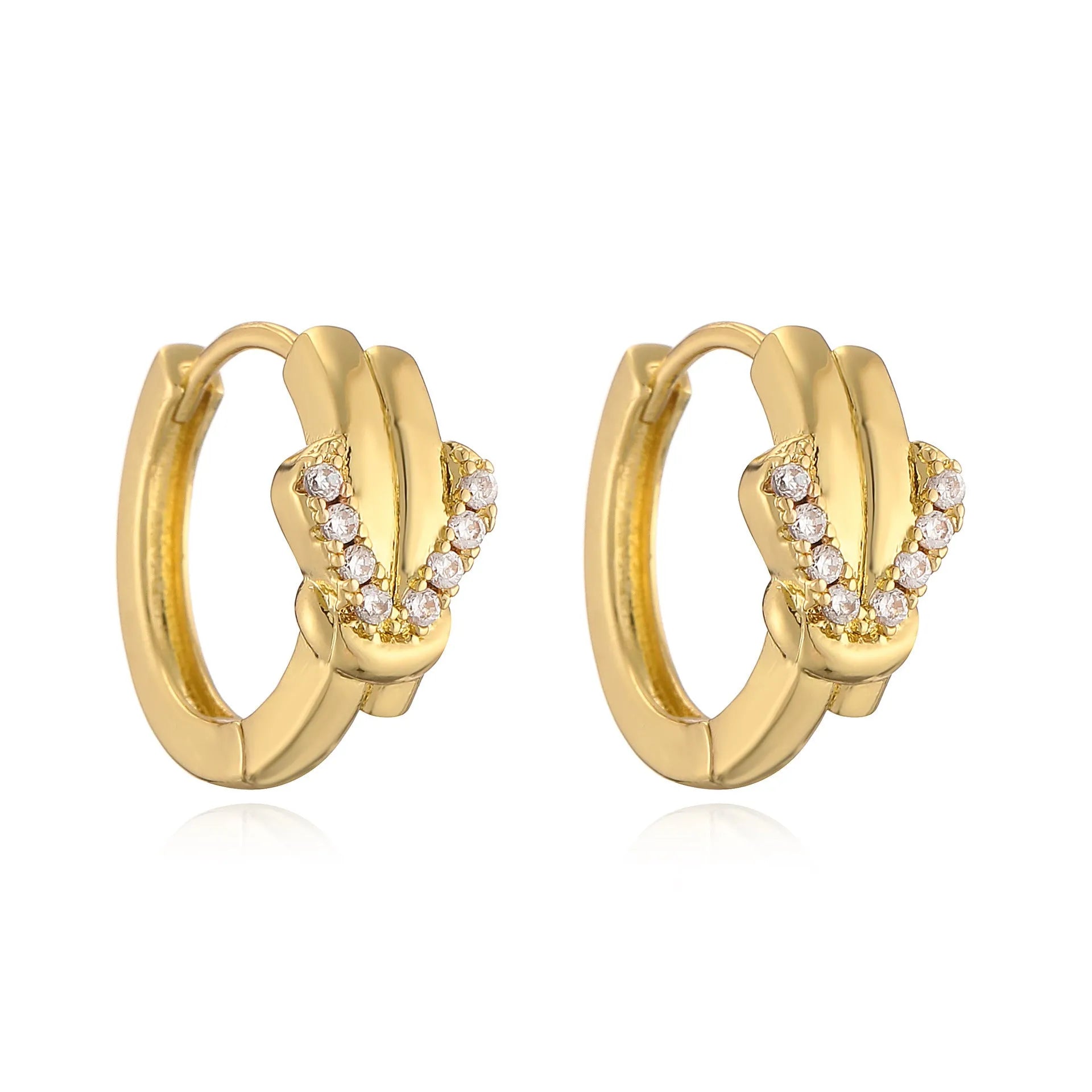 Gold copper vachette clasp earrings for women with geometric inlaid zircon stones and real gold finish