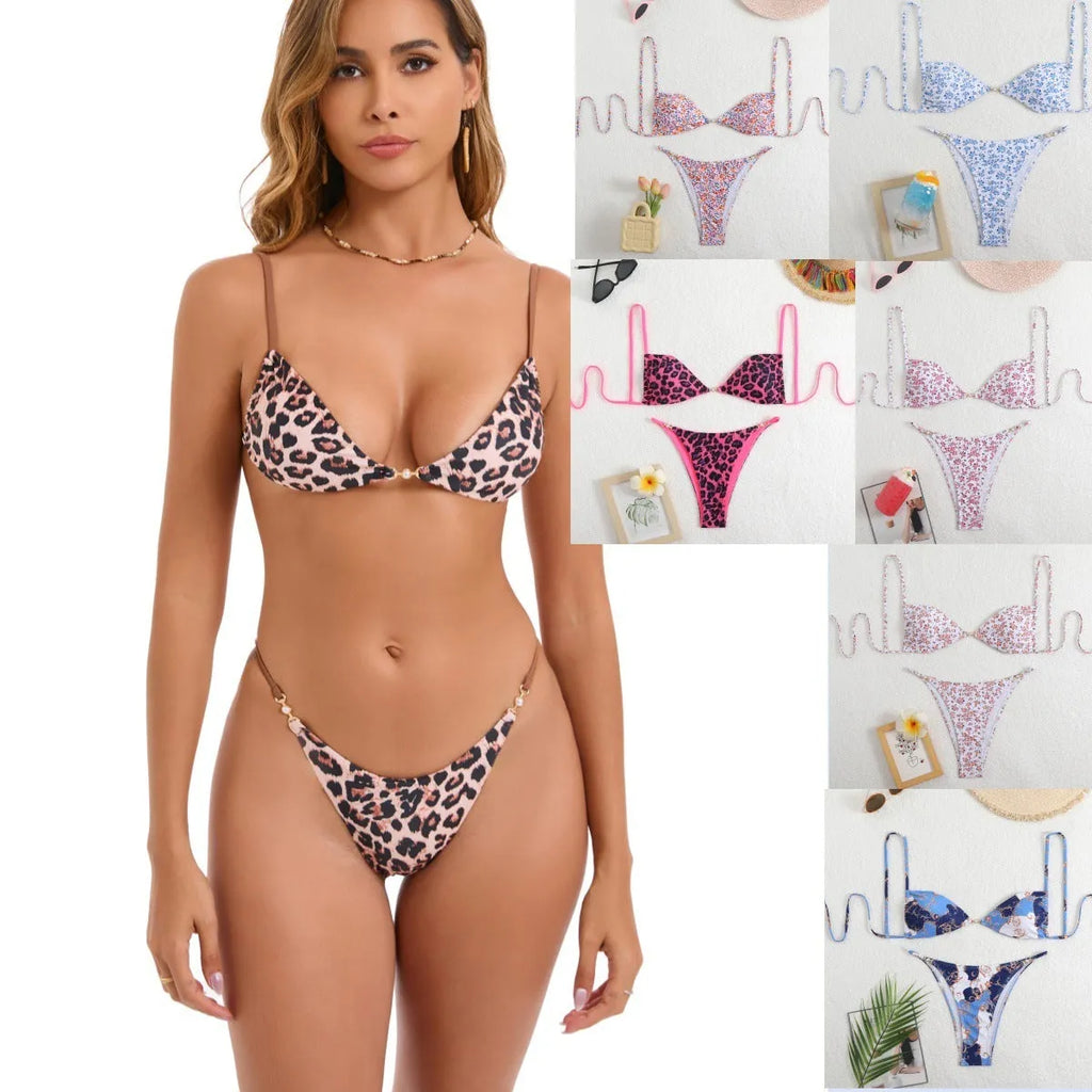 Women's polyester three-point bikini set in brown pattern for swimming and wading
