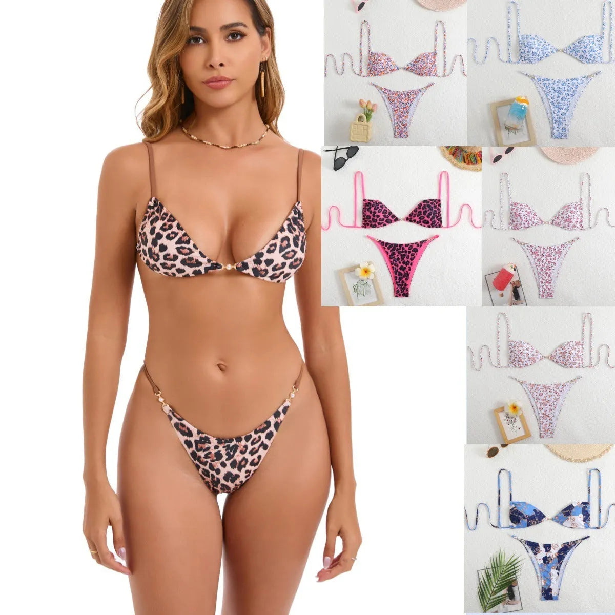 Women's polyester three-point bikini set in brown pattern for swimming and wading