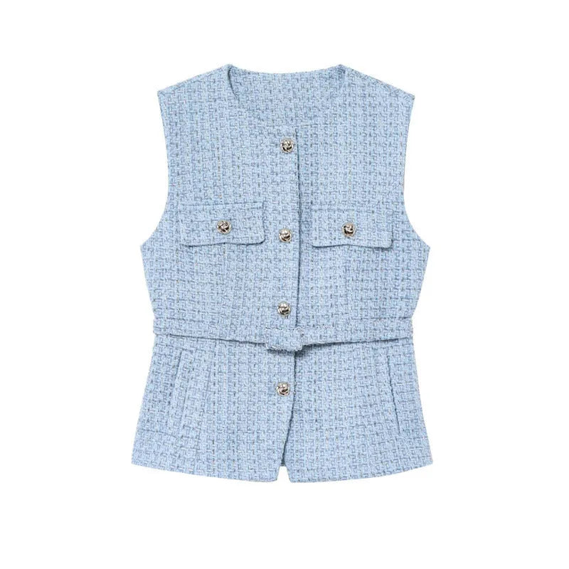 Women's knit V-neck vest in beige, slim fit, distressed style, regular length 50-65cm