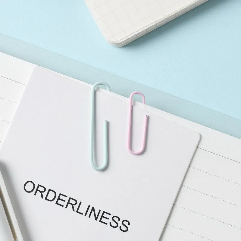Macaron colour alloy paper clips in pink, purple, and green – 50mm and 28mm sizes in box