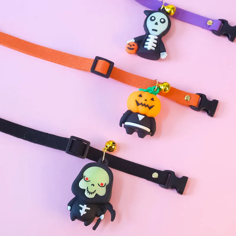 Halloween pet collar with glow-in-the-dark pumpkin man design adjustable for dogs and cats