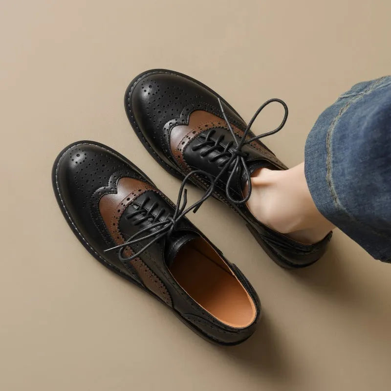 Brown women's sheepskin stitching retro brogue leather shoes with low heel and cross strap