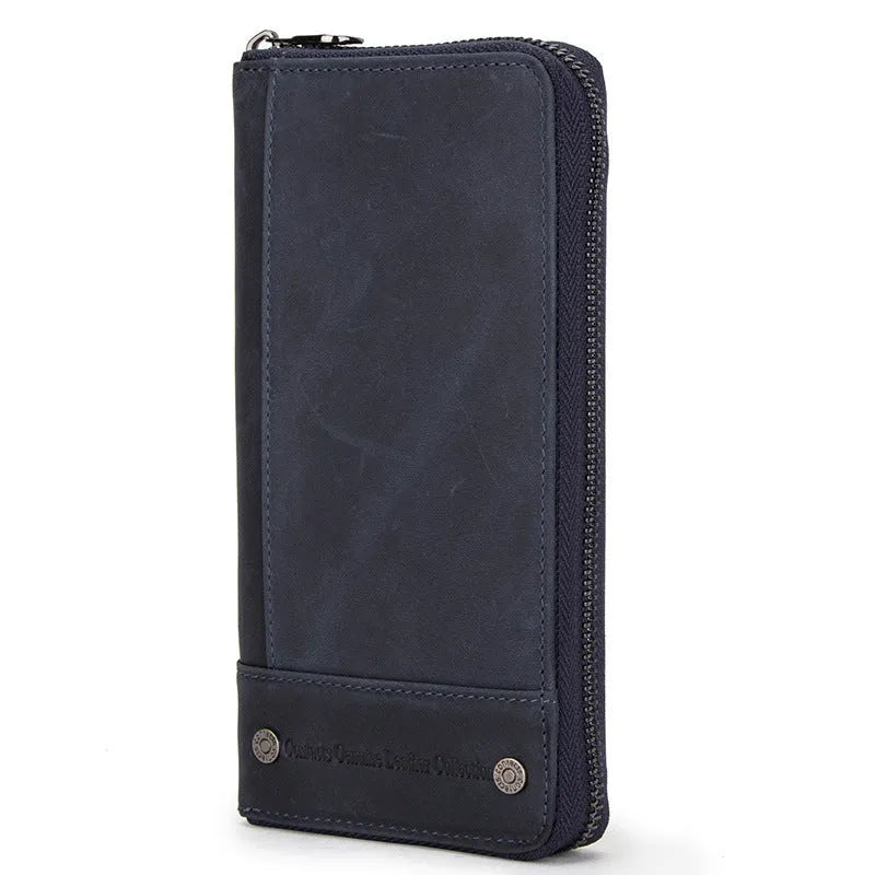 Brown genuine cowhide leather men's long wallet with zipper closure showing anti-theft card compartments