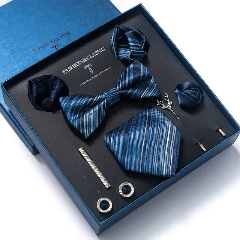 Men's 8-piece rayon jacquard bow tie set, heart shape arrow style, monochrome pattern, 146cm length