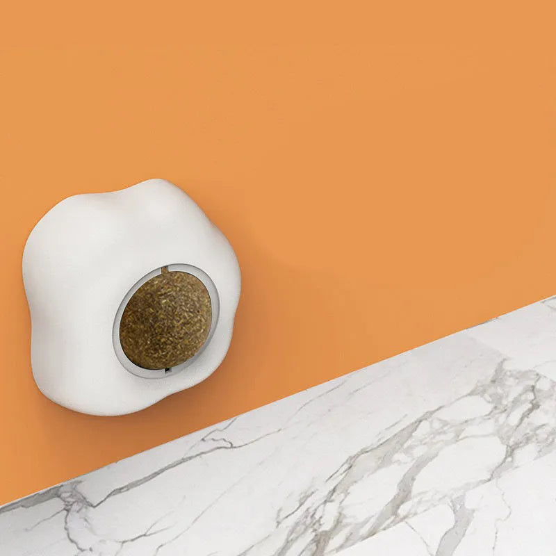 Soft plush catnip ball toy in fried egg and poached egg shapes for wall-mounted cat play